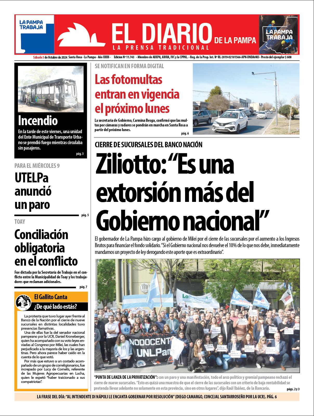 Tapa de El Diario en papel  saacutebado 05 de octubre de 2024